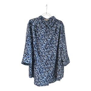 Woman Within Blouse Size 2X (26/28) Button-Up Blue Circles Cuff Sleeves Collar